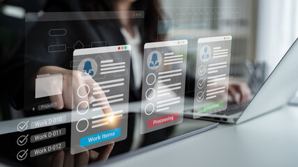 Digital interface displaying project tasks under Work Items, Processing, and Completed categories with Gantt chart timeline visualization Parse