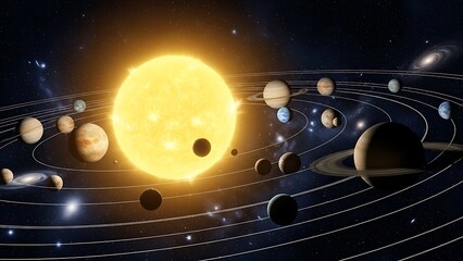 A detailed illustration of our solar system with planets orbiting the sun in deep space.
