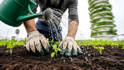 GoPro Chest-Mount View of Hands Planting Seedlings in Futuristic Vertical Garden