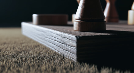 A detailed macro shot captures the artistry of a chessboard, with its wooden pieces poised against a stark black backdrop. This evokes the depth of strategic thinking.