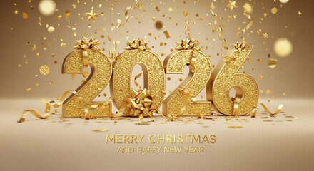 Gold Glitter Numbers 2026 with Confetti and Ribbons Merry Christmas Happy New Year image