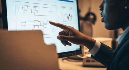 A focused professional intently examines complex data visualized on a computer screen, highlighting intricate details, in a low-lit office. 