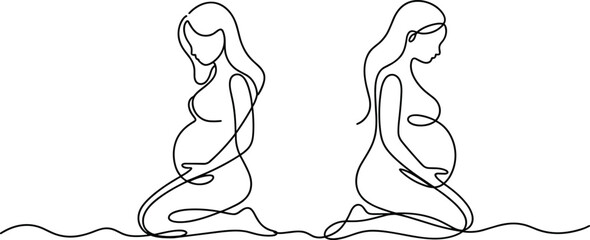 Minimalist Continuous Line Drawing of Two Expectant Mothers Kneeling, Pregnancy and Motherhood Symbol, Single Line Art Vector Graphic Illustration, Fertility Concept