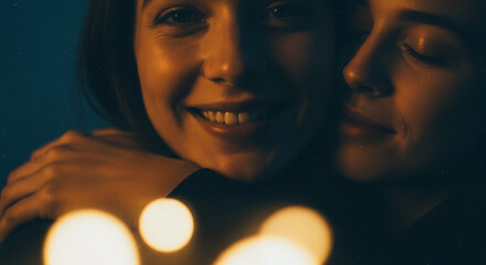 Capture an intimate moment between two women, one tenderly embracing the other, their faces illuminated by soft, warm light and bokeh. The scene exudes affection and connection.