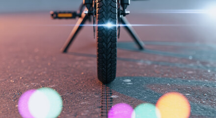 A striking perspective of a bicycle tire set against a textured pavement, embodying a sense of motion and the dynamic essence of transport.