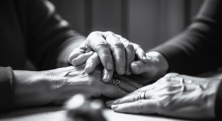 An intimate scene of two individuals offering each other comfort and support, hands intertwined in a gesture of empathy and compassion. The photograph uses a cinematic, black-and-white style.