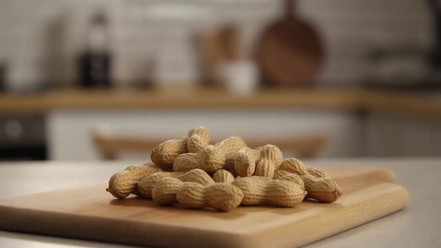 A pile of peanuts on a wooden cutting board, setting in the kitchen area