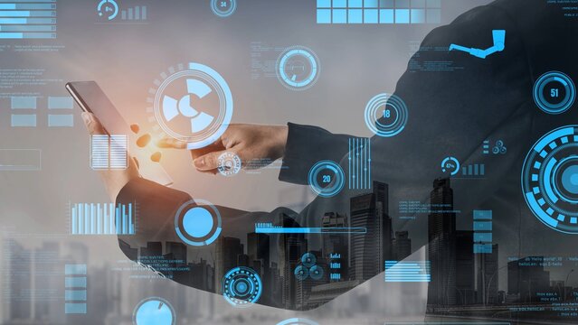 A business professional interacts with a smartphone displaying advanced data visualization in a bustling urban setting, showcasing modern technological trends and analytics. Xenic