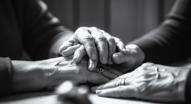 An intimate scene of two individuals offering each other comfort and support, hands intertwined in a gesture of empathy and compassion. The photograph uses a cinematic, black-and-white style.
