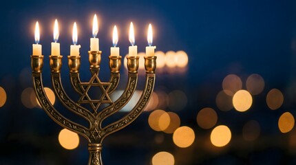 Elegant menorah with glowing candle light against dark blue bokeh background, symbolizing Hanukkah tradition, spirituality, and festive celebration atmosphere