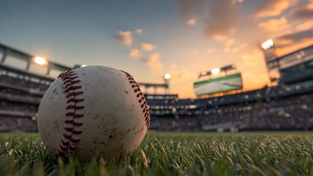Baseball on Field at Stadium During Sunset Game