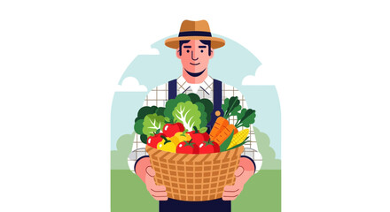 Proud farmer with fresh harvest, vibrant vegetables and fruits in wicker basket, promoting healthy eating and sustainable agriculture, originally a vector graphic