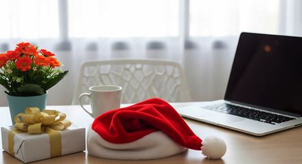 Red Santa hat rests on wooden desk next to laptop gift and flowers christmas white