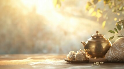a brass oil pot for Shirodhara treatment, herbal compress pouches, and a relaxing massage setup, softly blurred background