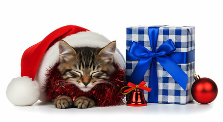 Sleeping kitten wearing Santa hat with red tinsel and blue checkered gift box christmas