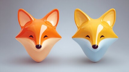 Two stylized fox heads, one orange and one yellow, with simple geometric shapes, on a grey background