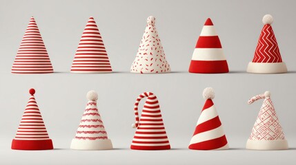 Array of festive, conical headwear in various patterns, including stripes, dots, and textured designs; red and white color scheme on a neutral backdrop