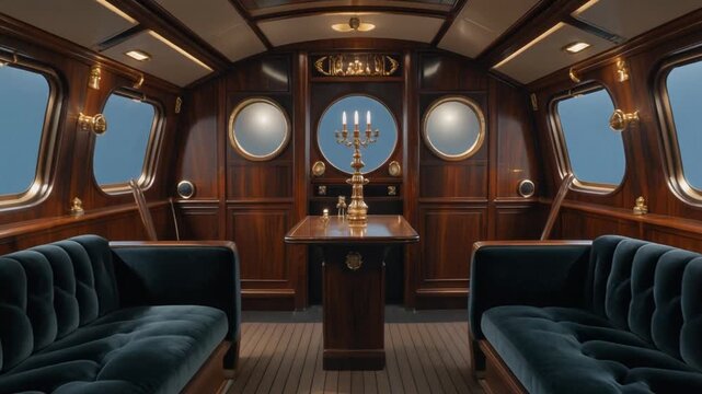 Luxury interior of a modern train with comfortable furniture featuring a designer chair and elegant table by a large window in a light-filled living room architecture without nobody