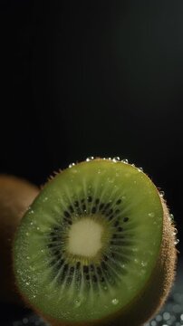 close-up of a halved kiwi with water droplets on a dark background