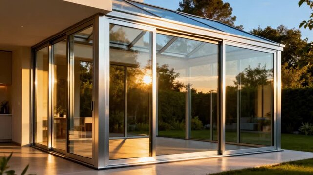 Modern sunroom glass enclosure showcasing seamless integration of indoor and outdoor spaces with sleek aluminum frames and clear panels