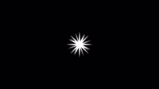 White starburst sparkle animation on black background. Bright glowing flash with radiating lines creating a twinkle, burst, and shining star effect for magic, highlight, and decorative visuals