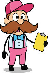 Cartoon character with mustache, pink outfit, cheerful expression, holding clipboard, whimsical style, children illustration, playful design, colorful, joyful, fun
