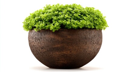 A vibrant, bushy green plant overflows a textured, dark brown, rounded planter. The arrangement is set against a bright white background