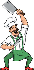 Cartoon chef holding cleaver and knife, happy cook in green apron, flat vector illustration, kitchen character, cad drawing, isolated