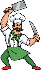 Cartoon chef with mustache holding cleaver and knife, green apron, aggressive pose, flat vector illustration, kitchen, cad drawing, isolated