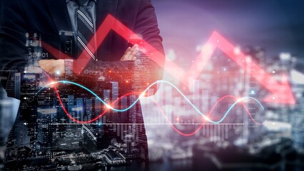 Economic caution visualized with fluctuating market graph, alert symbols, and negative data trends. Represents financial risk, market volatility, and economic uncertainty. Muxer