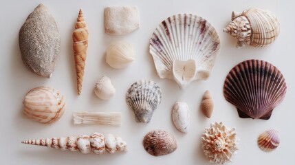 Various seashells arrayed on a clean, white surface, featuring diverse shapes, sizes, and shell textures