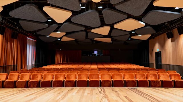 Medium shot inside a theater auditorium revealing acoustic ceiling treatments designed to enhance sound clarity and reduce echo during performances.