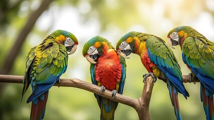 Four vibrant macaws with stunning green, red, and blue plumage perch together on a branch, preening and interacting in a lush, sun-drenched tropical forest.
