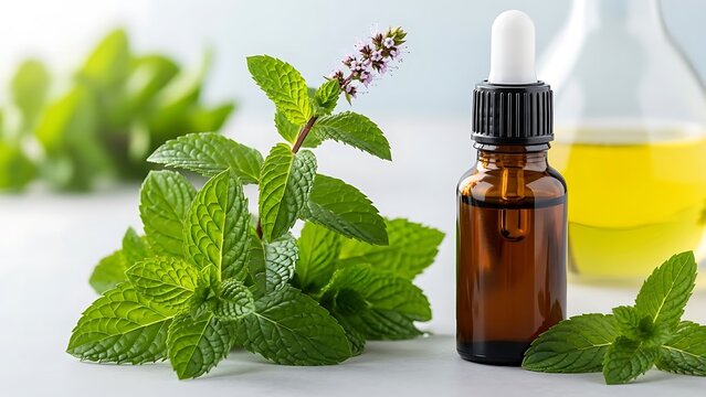 A sprig of fresh, aromatic mint sits beside a dark amber glass bottle, highlighting the natural essence and purity of botanical extracts for wellness.