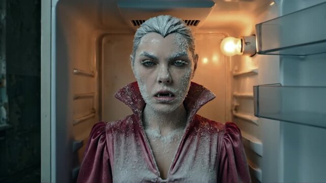 Frozen Vampire Woman in Pink Dracula Dress Waking Up Inside Rundown Single-Door Refrigerator