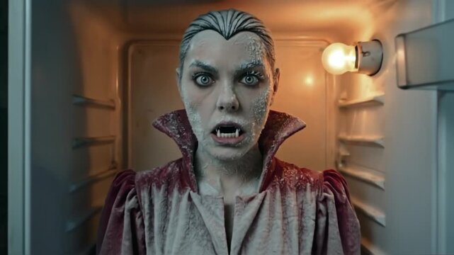 Frozen Vampire Woman in Pink Dracula Dress Waking Up Inside Rundown Split-Door Refrigerator