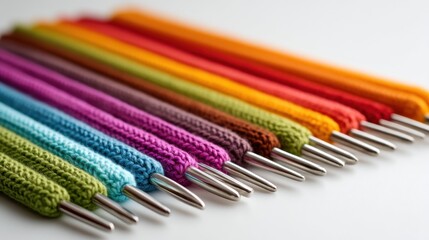 Fototapeta premium Rainbow of colorful crocheted cables with metal tips aligned in a row on a plain white background