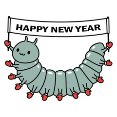 Cute Caterpillar Happy New Year Banner Kawaii Illustration