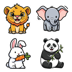 Cute Baby Animal Characters Set Lion Elephant Rabbit Panda