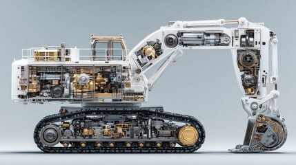 Detailed cross-section of an excavator revealing intricate internal mechanisms in white and gold tones