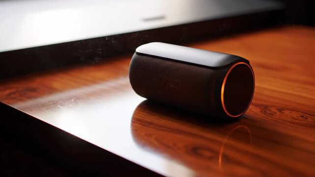 Portable speaker with green light lying on a wooden table top
