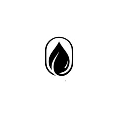Black and white stylized water drop or oil droplet icon inside an oval frame