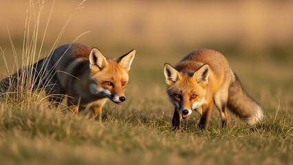 Fototapeta premium Two red foxes stand alert in a golden grassy field, their bright orange fur and focused expressions capturing a quiet moment in the wild during the magic hour.