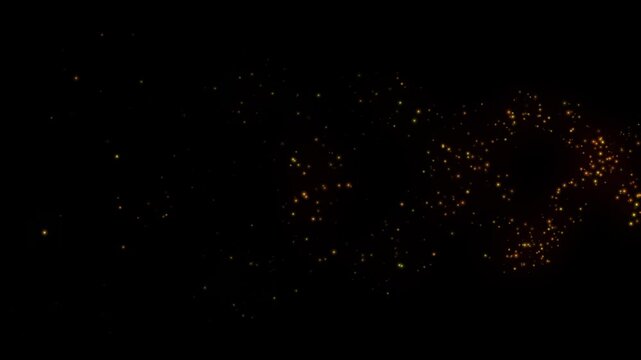 Golden particle trail animation, glowing spark particles forming flowing curves on black background, luminous ember dots moving in sweeping arc patterns creating elegant light motion paths