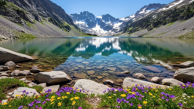 Crystal clear alpine lake reflects snow-capped peaks under a bright blue sky. Vibrant wildflowers bloom in the foreground, framing a serene mountain wilderness landscape. - Powered by Adobe