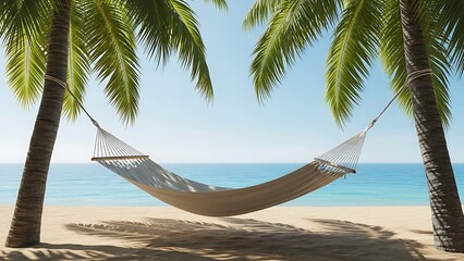 A peaceful white hammock swings between two palm trees on a sunny tropical beach. Crystal clear turquoise waters and soft sand create the ultimate vacation escape.