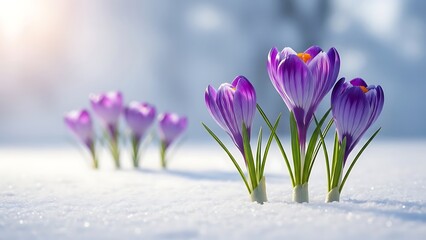 Vibrant purple crocus flowers emerge from a fresh blanket of white snow. This early spring scene captures the resilient beauty of nature blooming in the cold.