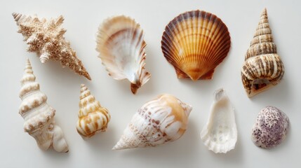 Fototapeta premium A close-up view displays a collection of various shells arranged on a plain white surface, showcasing diverse shapes, textures, and colors