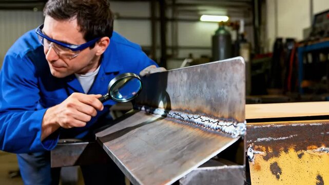 Visual weld inspection in medium shot focusing on a specialist examining weld seams closely for surface cracks and imperfections under bright lighting.
