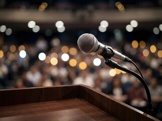 Close up microphone on wooden podium ready for public speaking during professional conference with blurred audience and warm stage lighting bokeh